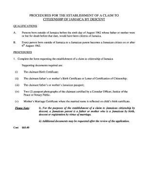 Jamaica Citizenship by Descent Claim Form