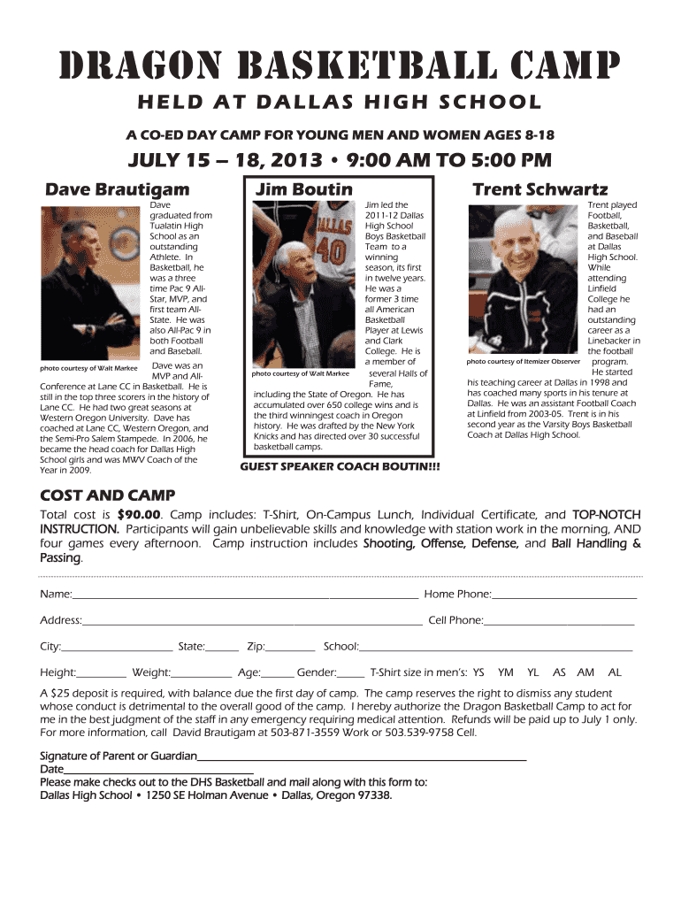 Fillable Online DRAGON BASKETBALL CAMP Dallas, OR Fax Email Print
