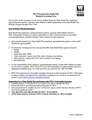 2013 Wisconsin State Health Plan Biometric Screening Form