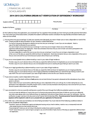 California Dream Act Verification of Dependency Worksheet