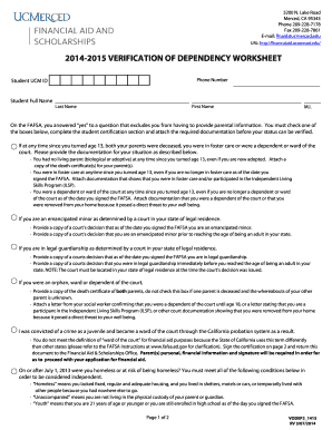 2014-2015 Verification of Dependency Worksheet