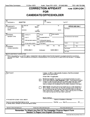 Texas Ethics Commission Correction Affidavit Form