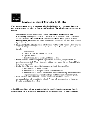 Procedures for Student Observation for 504 Plan