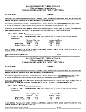 Baltimore County Public Schools Breakfast/Lunch Prepayment Form