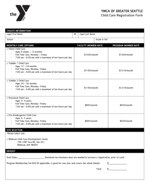 YMCA Child Care Registration Form