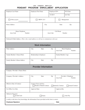 Verizon CWA IBEW 2213 Pendant Program Enrollment Application