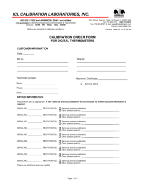 Calibration Order Form for Digital Thermometers