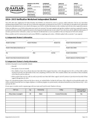 2014–2015 Verification Worksheet Independent Student