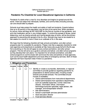 Pandemic Flu Checklist for California Schools - Health Services School Nursing CA Dept of Education Pandemic Flu Checklist for Local Educational Agencies in California