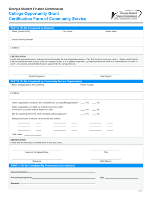 Georgia College Opportunity Grant Community Service Certification