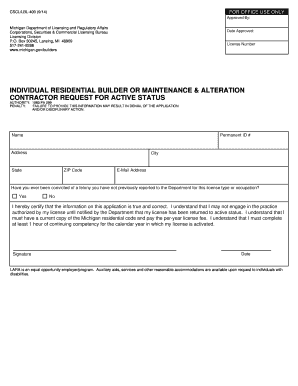 Michigan Residential Builder Active Status Request