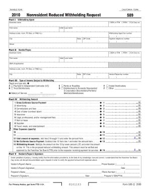 California Nonresident Reduced Withholding Request Form 589