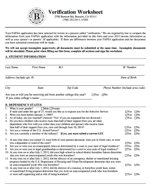 FAFSA Verification Worksheet