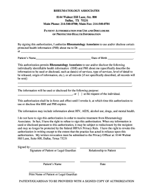 Patient Authorization for Use and Disclosure of Protected Health Information