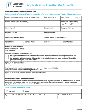 Application for Transfer: K-9 Schools