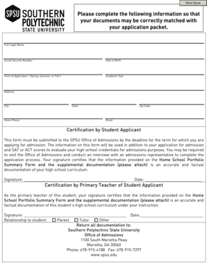 Home School Portfolio Summary Form