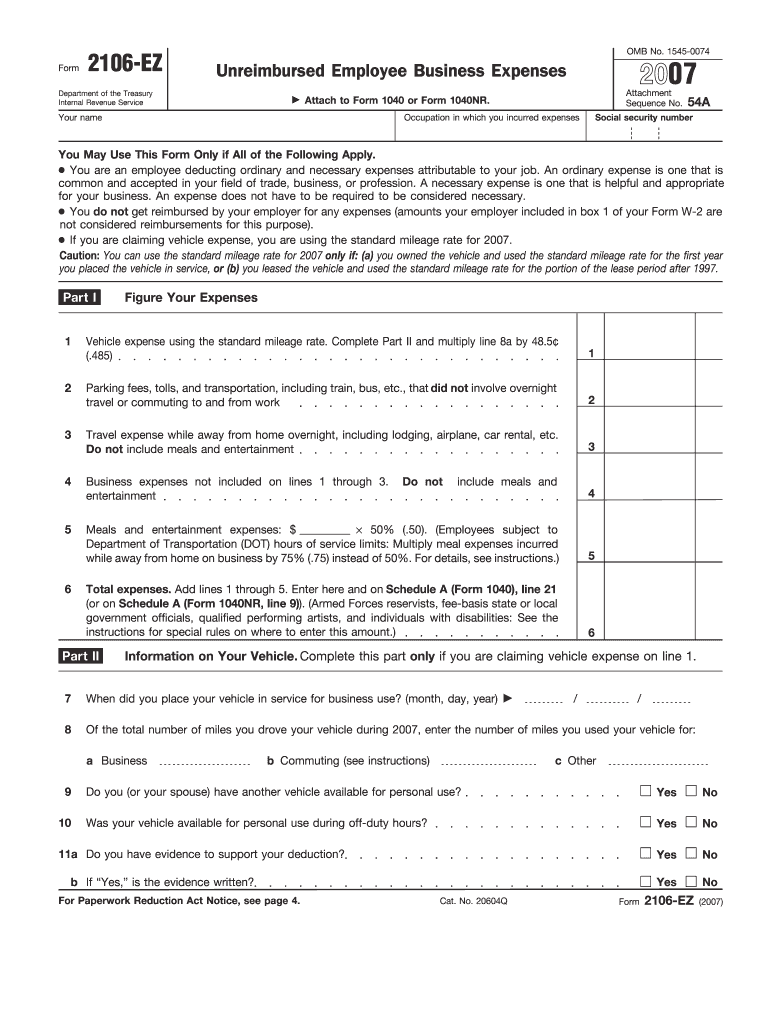 Fillable Online 2007 Form 2106-EZ - Internal Revenue Service Fax Email ...