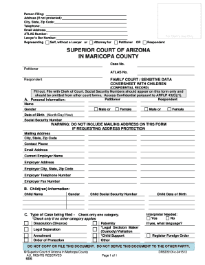 FAMILY COURT SENSITIVE DATA COVERSHEET WITHOUT CHILDREN (Confidential Record). FAMILY COURT SENSITIVE DATA COVERSHEET WITHOUT CHILDREN - superiorcourt maricopa