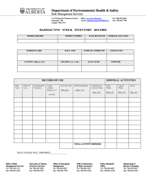 Radioactive Stock Inventory Record Form - Environmental Health ...