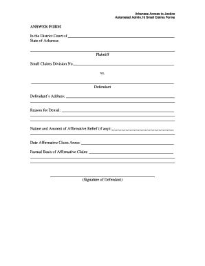 Arkansas Small Claims Answer Form