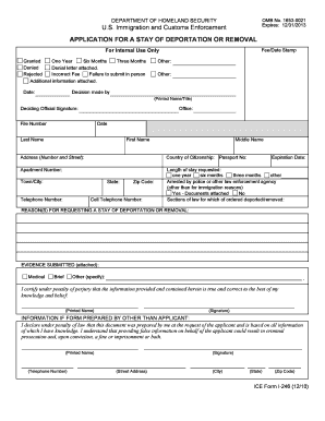 US Immigration and Customs Enforcement Stay of Deportation Application