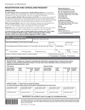 University of Minnesota Registration and Cancel/Add Request Form