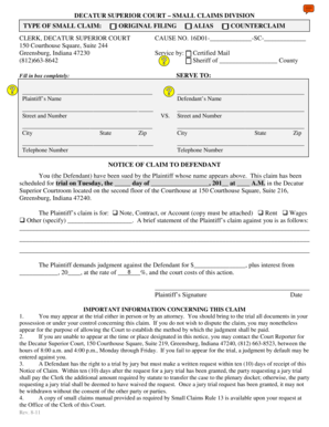 Indiana Small Claims Court Notice of Claim