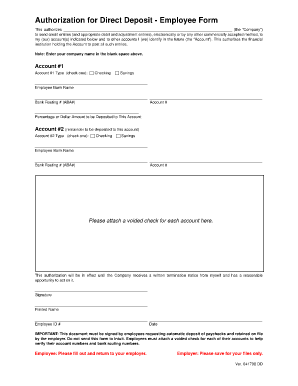 Authorization for Direct Deposit - Employee Form