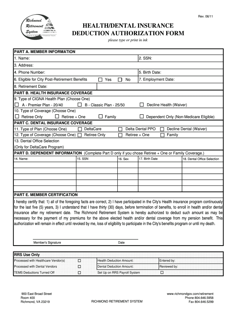 Fillable Online Health and Dental Insurance Deduction Authorization