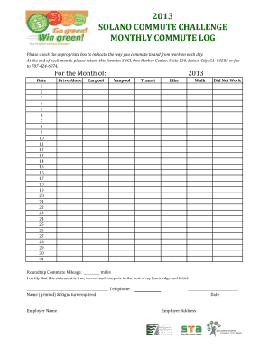 Solano Commute Challenge Monthly Commute Log