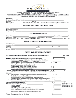 Lender Paid Compensation Fee Sheet