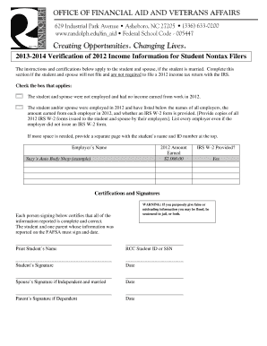 2012 Income Verification for Student Nontax Filers