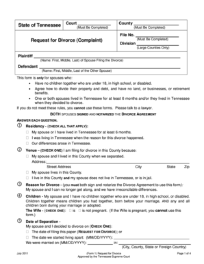 Tennessee Divorce Complaint Form