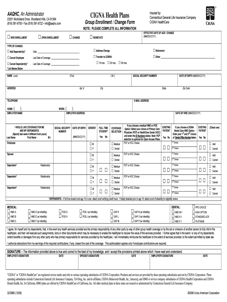 Fillable Online AAQHC, An Administrator CIGNA Health Plans Group