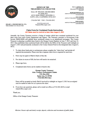 Fillable Online Claim Form for Unclaimed Funds-Instructions All Claims ...