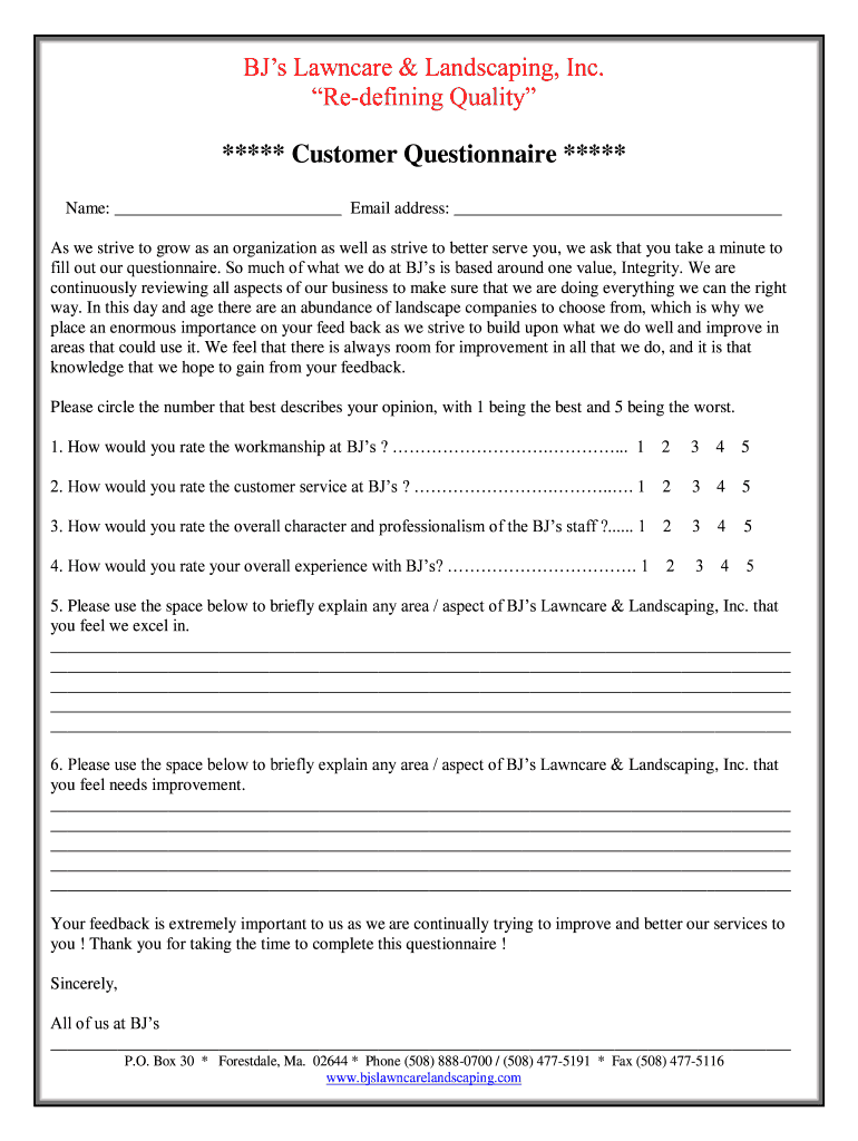 Fillable Online Questionnaire BJ's lawncare and landscaping Fax Email