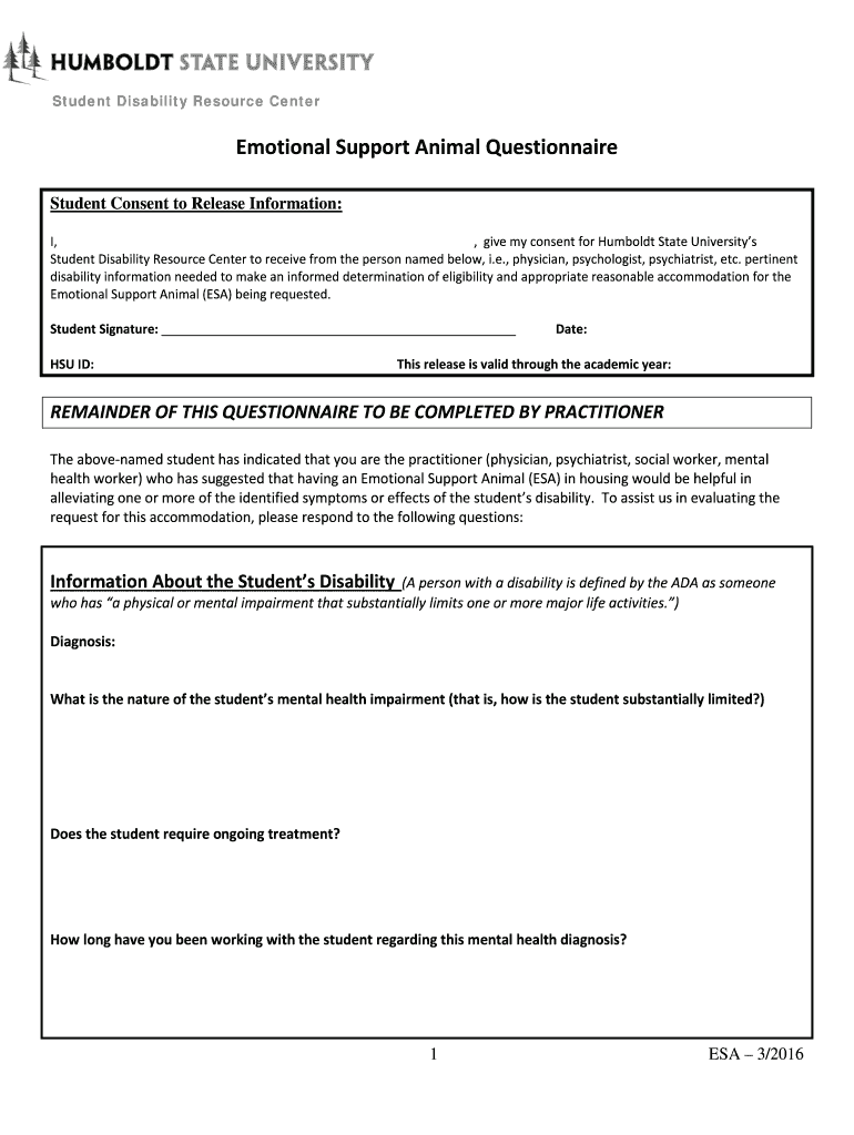 Fillable Online Emotional Support Animal Questionnaire Fax Email Print - pdfFiller