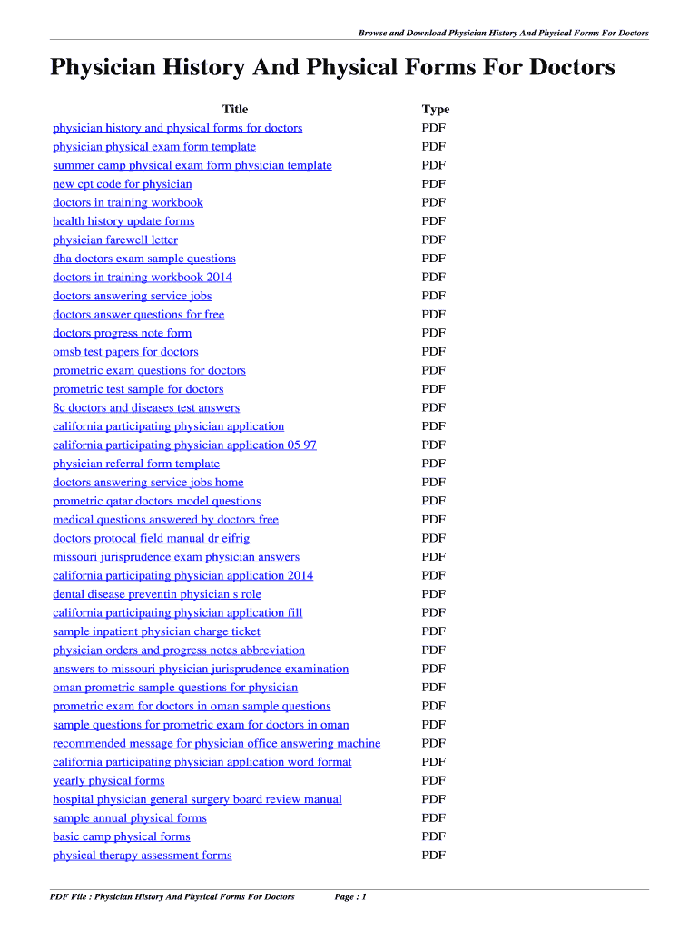 Fillable Online Physician History And Physical Forms For Doctors