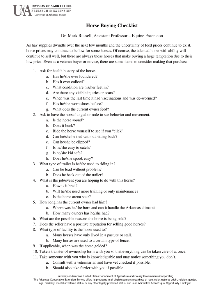 Fillable Online Horse Buying Checklist Fax Email Print pdfFiller