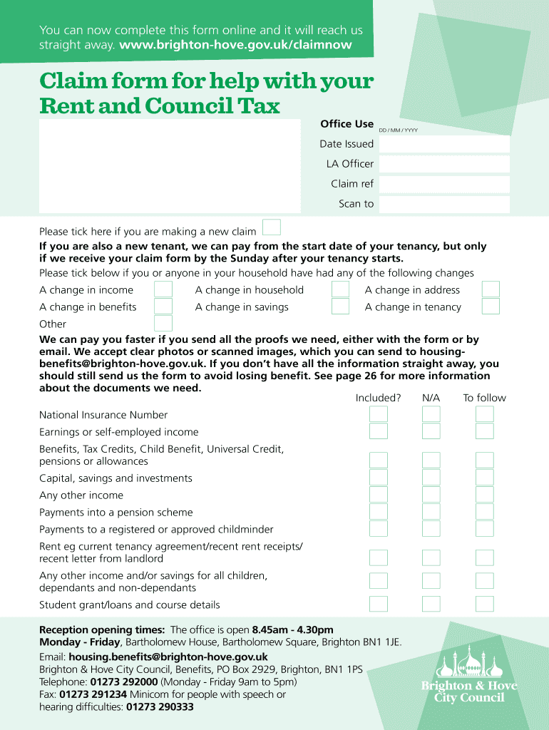 Fillable Online Claim form for help with your Rent and Council Tax Fax