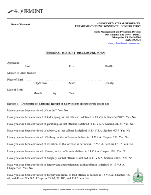 PERSONAL HISTORY DISCLOSURE FORM - Vermont