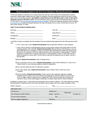Fillable Online nsu Request for Exemption to the First Year Mandatory ...