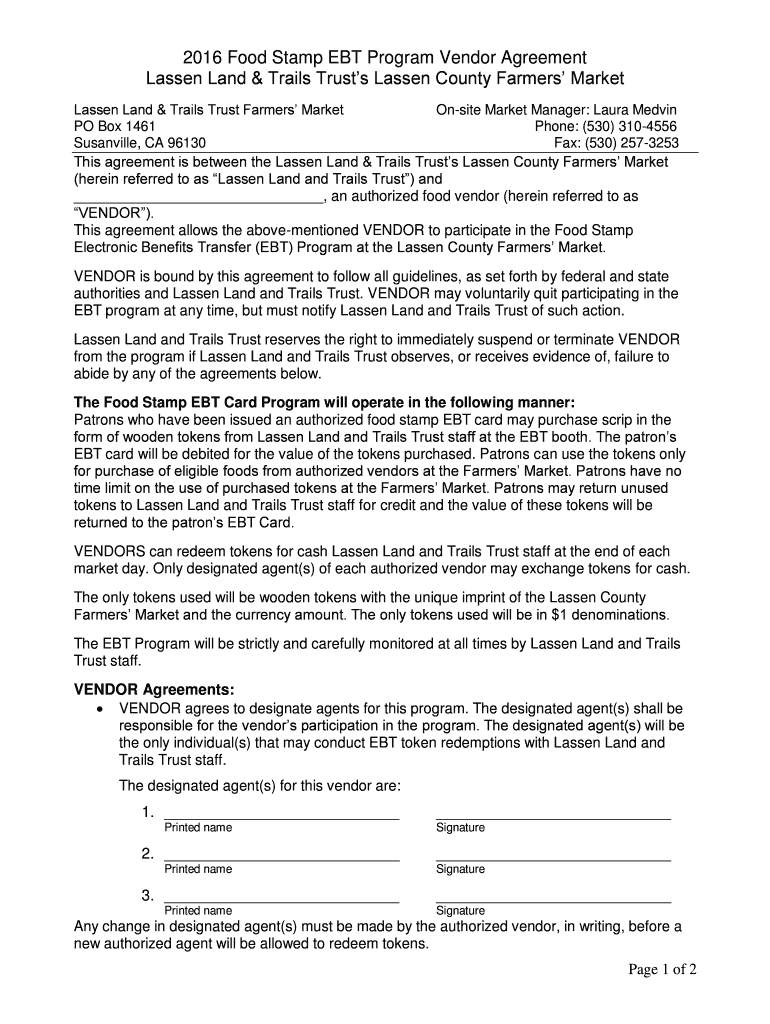Fillable Online lassenlandandtrailstrust 2016 Food Stamp EBT Program Vendor Agreement Lassen