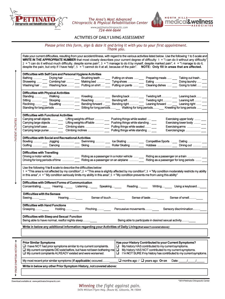 Fillable Online ACTIVITIES OF DAILY LIVING ASSESSMENT Fax Email Print Fillable online activities of daily living assessment fax email print
