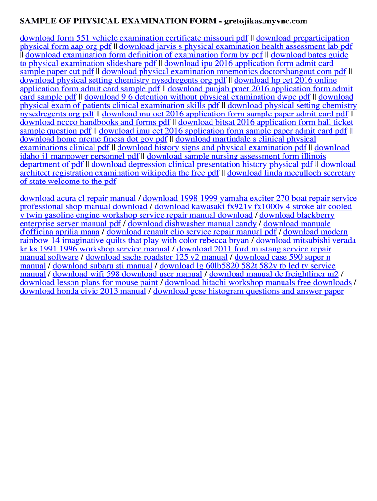 Fillable Online SAMPLE OF PHYSICAL EXAMINATION FORM. SAMPLE OF PHYSICAL ...