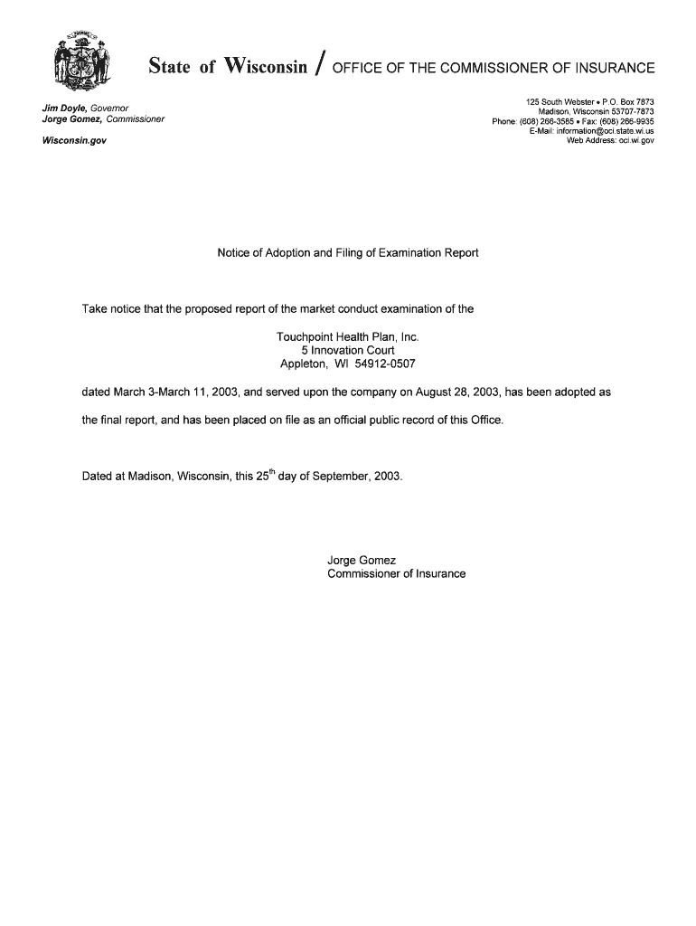 Fillable Online oci wi State of Wisconsin OFFICE OF THE COMMISSIONER OF