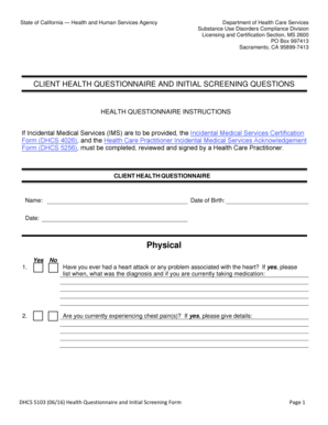 fillable online dhcs ca client health questionnaire and initial