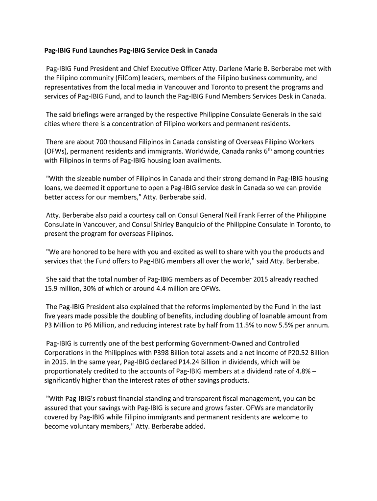 Fillable Online PagIBIG Fund Launches PagIBIG Service Desk in Canada