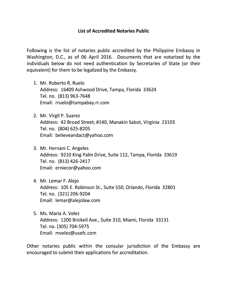 Fillable Online Following is the list of notaries public accredited by