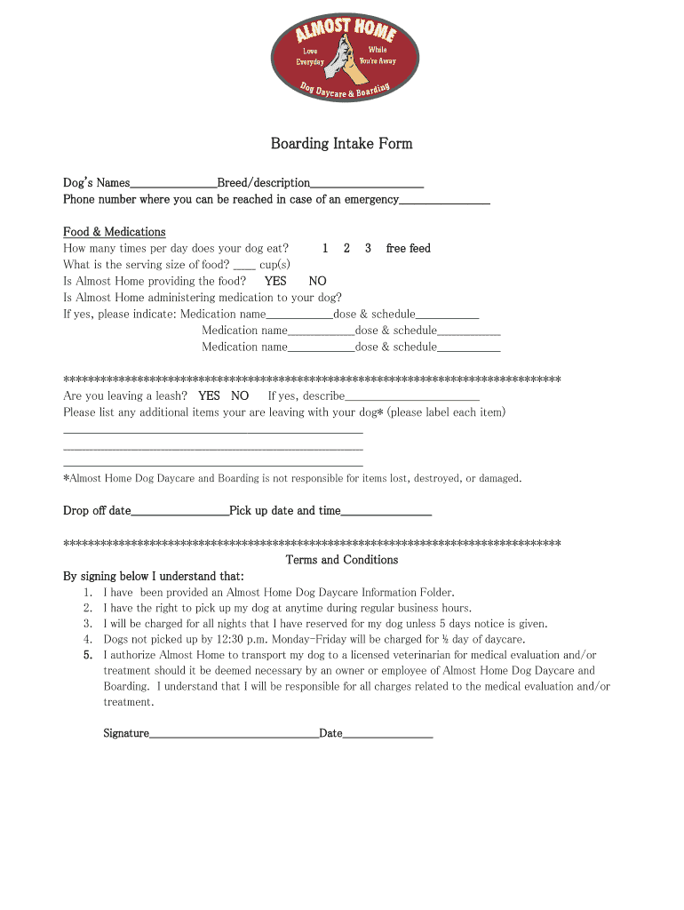 Boarding Intake Form Almost Home Dog Daycare Fill and Sign
